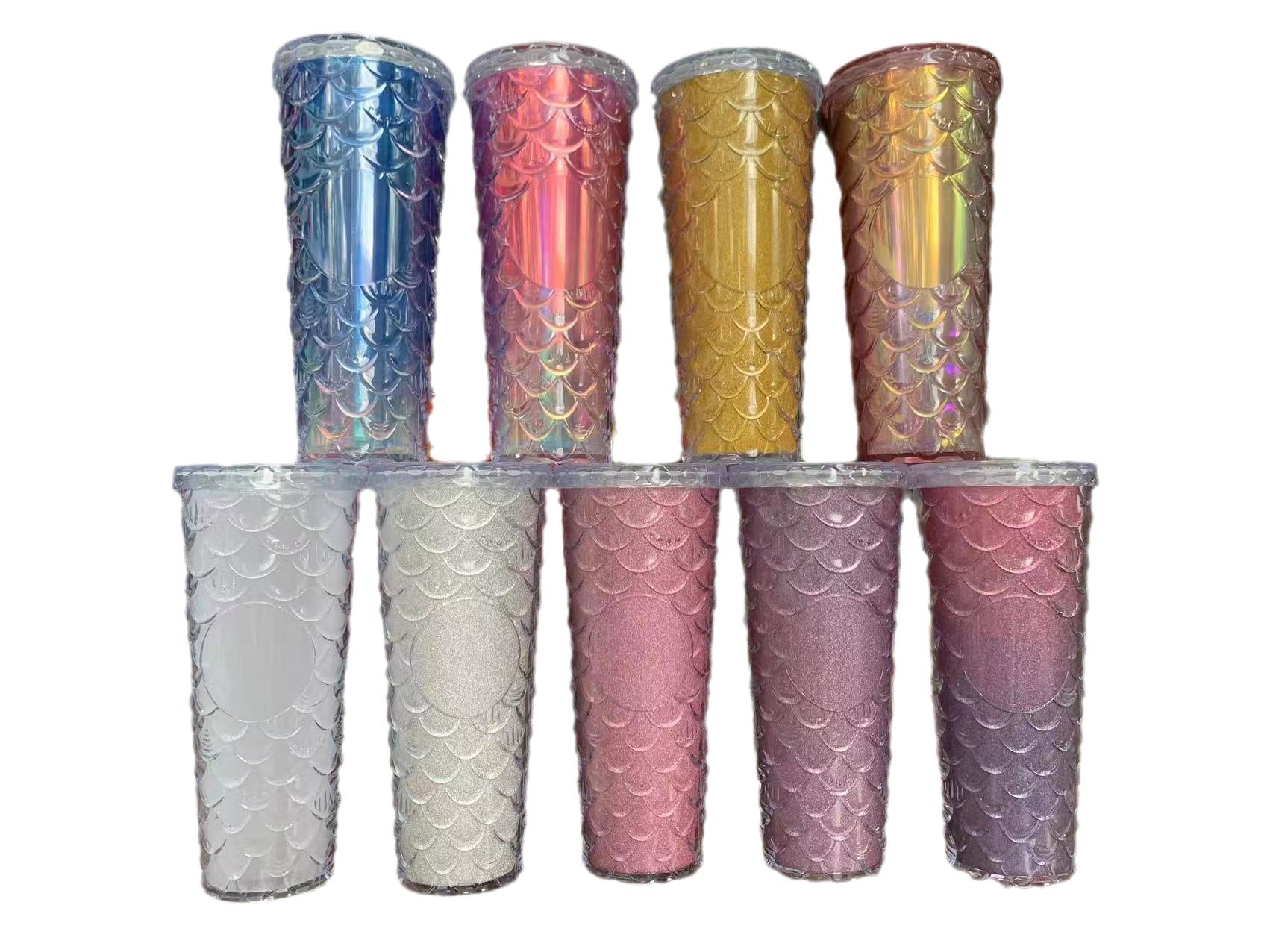 Fish Scale Cup Double-layer Straw Cup 710ml Large-capacity Mermaid Cup Plastic Cup