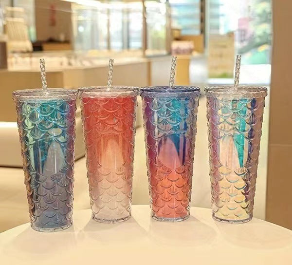 Fish Scale Cup Double-layer Straw Cup 710ml Large-capacity Mermaid Cup Plastic Cup