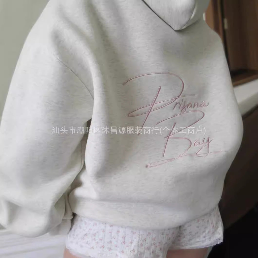 Floral Vintage Trendy Letter Bow American Style 2024 New Cotton Simple Pattern Grey Pullover Sweat Top