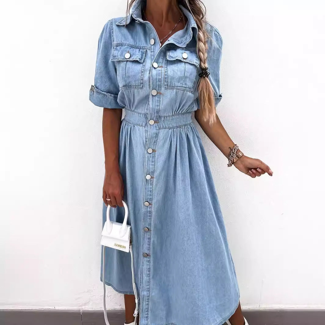 Cross-border TEMU Russian Foreign Trade Amazon 2024 Summer Women&#039;s New Button Shirt Short Sleeve Denim Dress