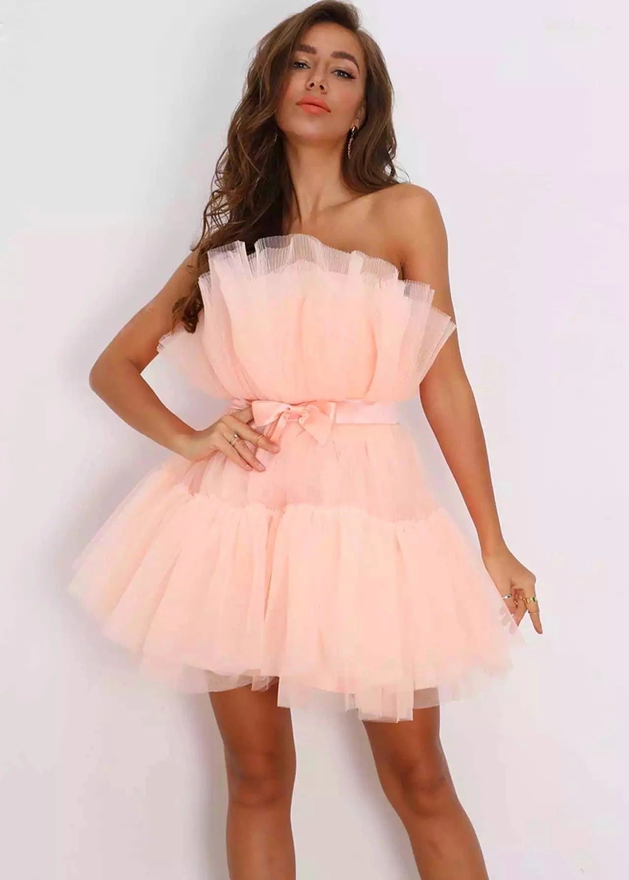 2022 European And American Cross-border Amazon AliExpress Tube Top Style Mesh Temperament Bow Tutu Skirt Dress Wish Female