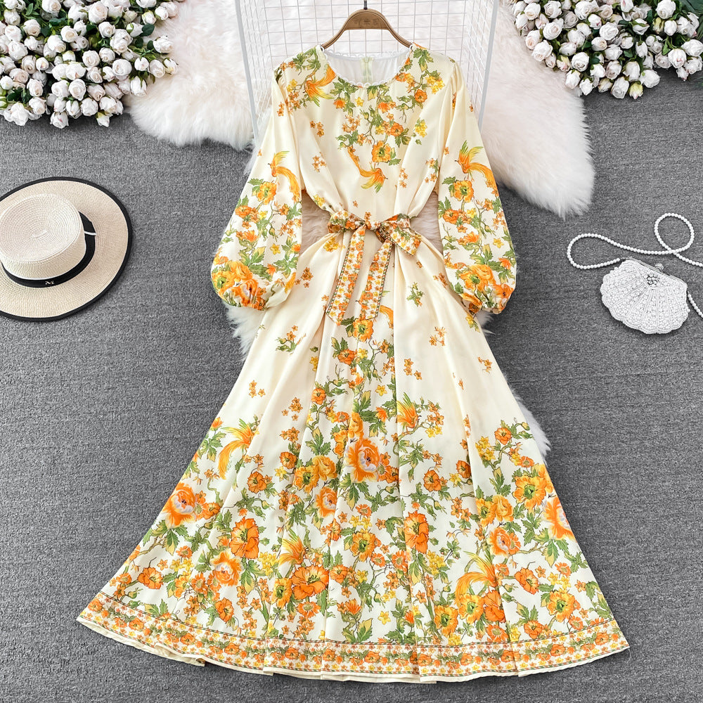 Spring And Autumn High-end Round Neck Bubble Long Sleeve Waist Positioning Printing A-line Dress Elegant Large Swing Long Skirt