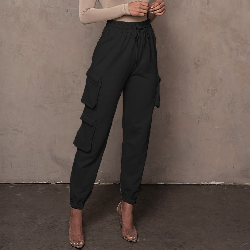 Europe And The United States Large Size Women&#039;s Leisure Solid Color Has Pockets Tie-tie Trousers Sports Pants Casual Pants