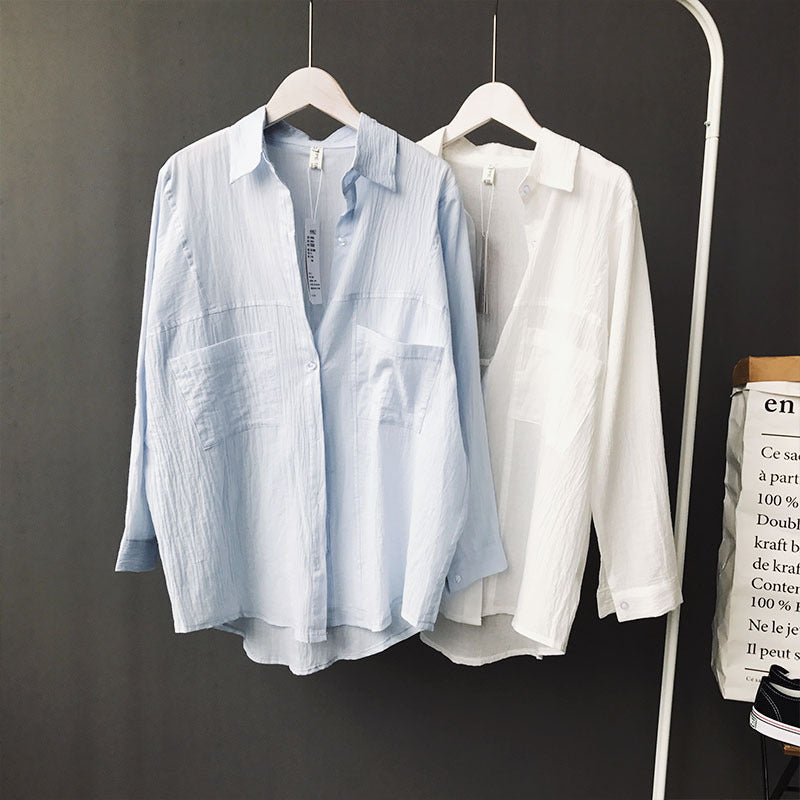 White Cotton And Linen Shirt Female Linen Cotton Summer Korean Version Loose All-match Long-sleeved Sunscreen Shirt Thin Cardigan Top