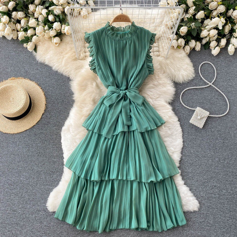 French-style Women&#039;s Heavy Industry Pressed Pleated Wood Ear Side Collar Tie Waist Slimming Ruffled Chiffon Cake Skirt