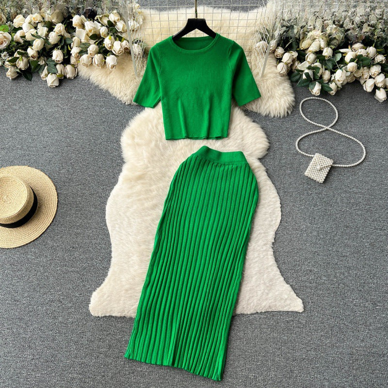 Fashion Hot Girl Suit Women&#039;s Summer Korean-style Round Neck Knitted Short-sleeved Short Top High Waist Hip Skirt Two-piece Suit