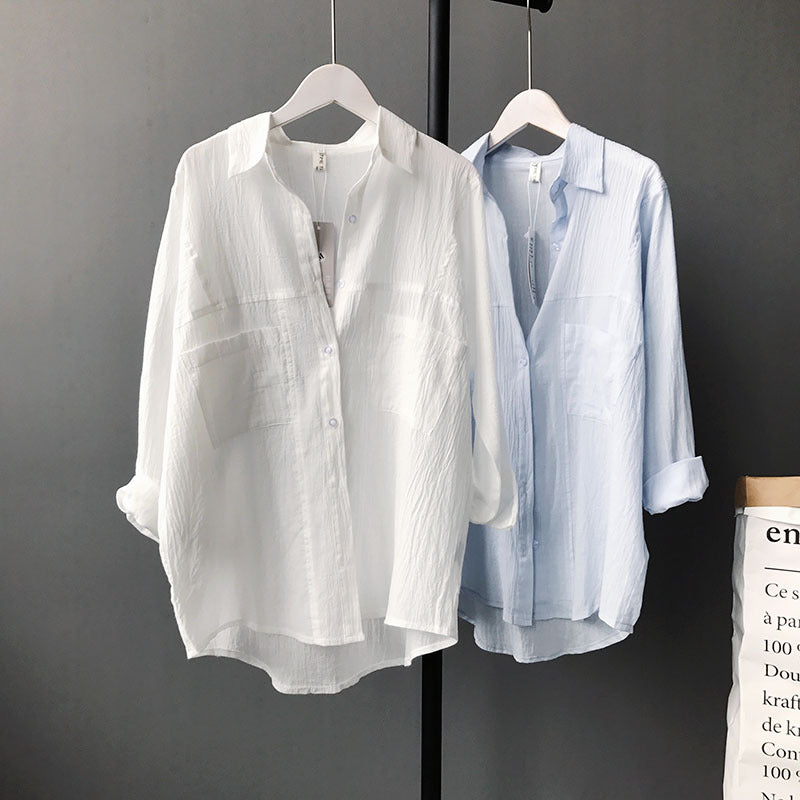 White Cotton And Linen Shirt Female Linen Cotton Summer Korean Version Loose All-match Long-sleeved Sunscreen Shirt Thin Cardigan Top