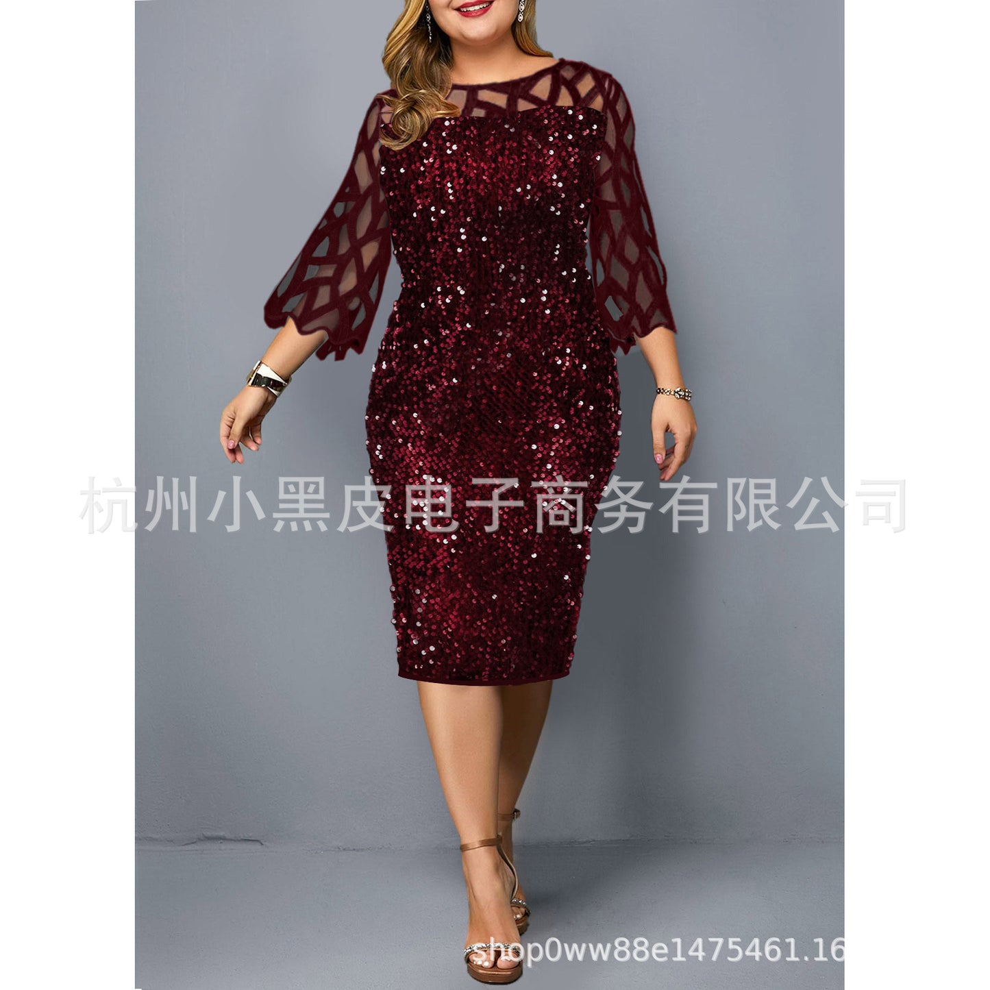 Round Neck Stitching Shiny Slim Party Dress Mesh Stitching Three-quarter Sleeve Mid-length Women&#039;s Skirt