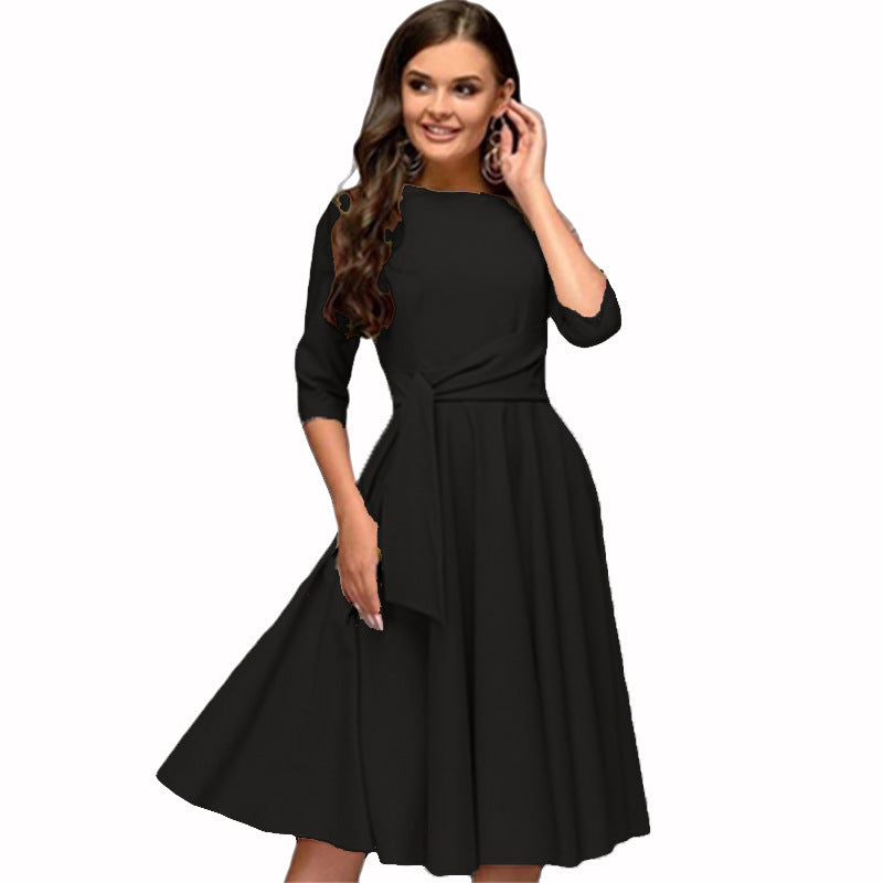 New Round Neck Mid-sleeve Tie Waist Retro Temperament Large Swing Skirt Dress