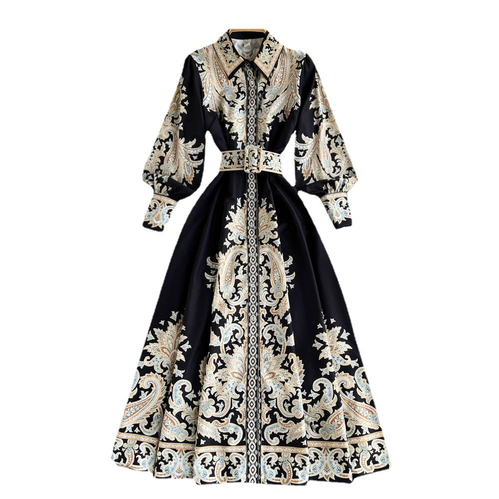 Court Style Retro Printing Temperament Polo Collar Shirt Dress Autumn And Winter New High-end French Waist Dress