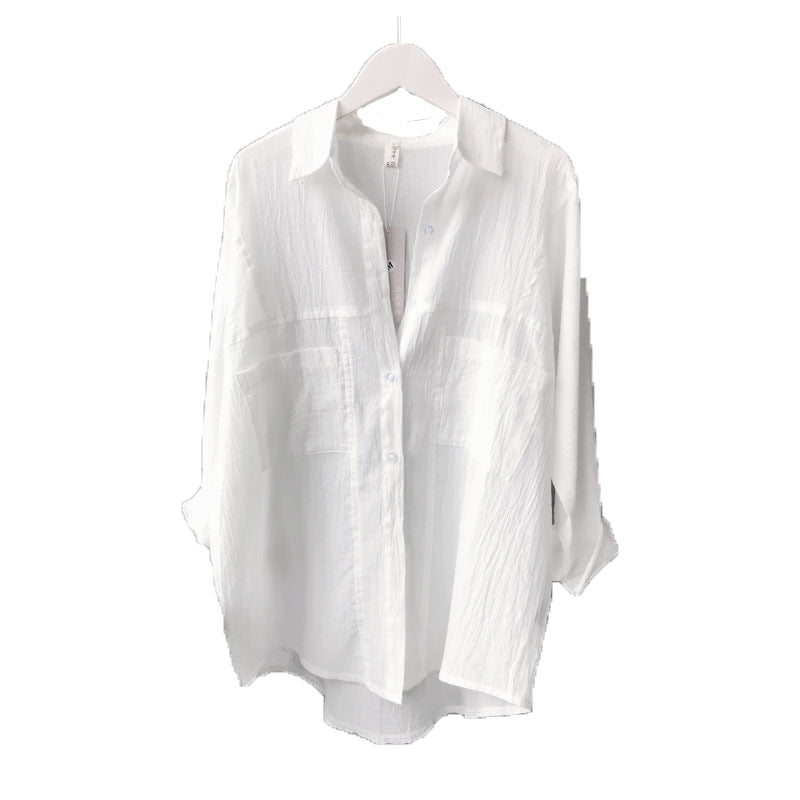 White Cotton And Linen Shirt Female Linen Cotton Summer Korean Version Loose All-match Long-sleeved Sunscreen Shirt Thin Cardigan Top