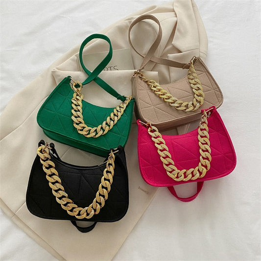 Underarm Bag 2023 Summer New Shoulder Bag Fashion Metal Chain Crescent Bag High-grade Felt Plaid Women&#039;s Bag