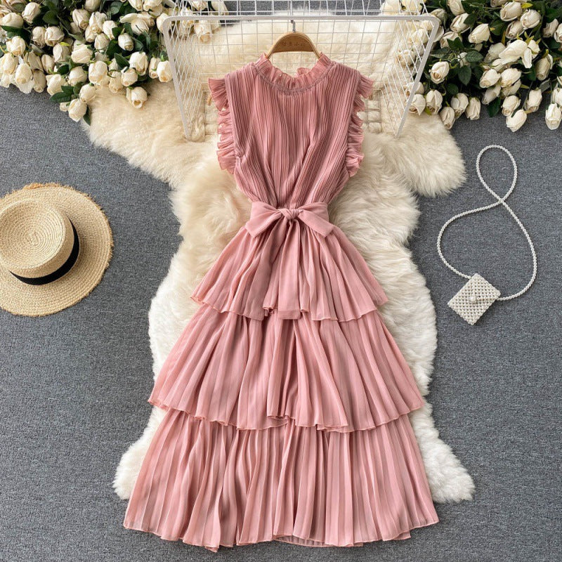 French-style Women&#039;s Heavy Industry Pressed Pleated Wood Ear Side Collar Tie Waist Slimming Ruffled Chiffon Cake Skirt