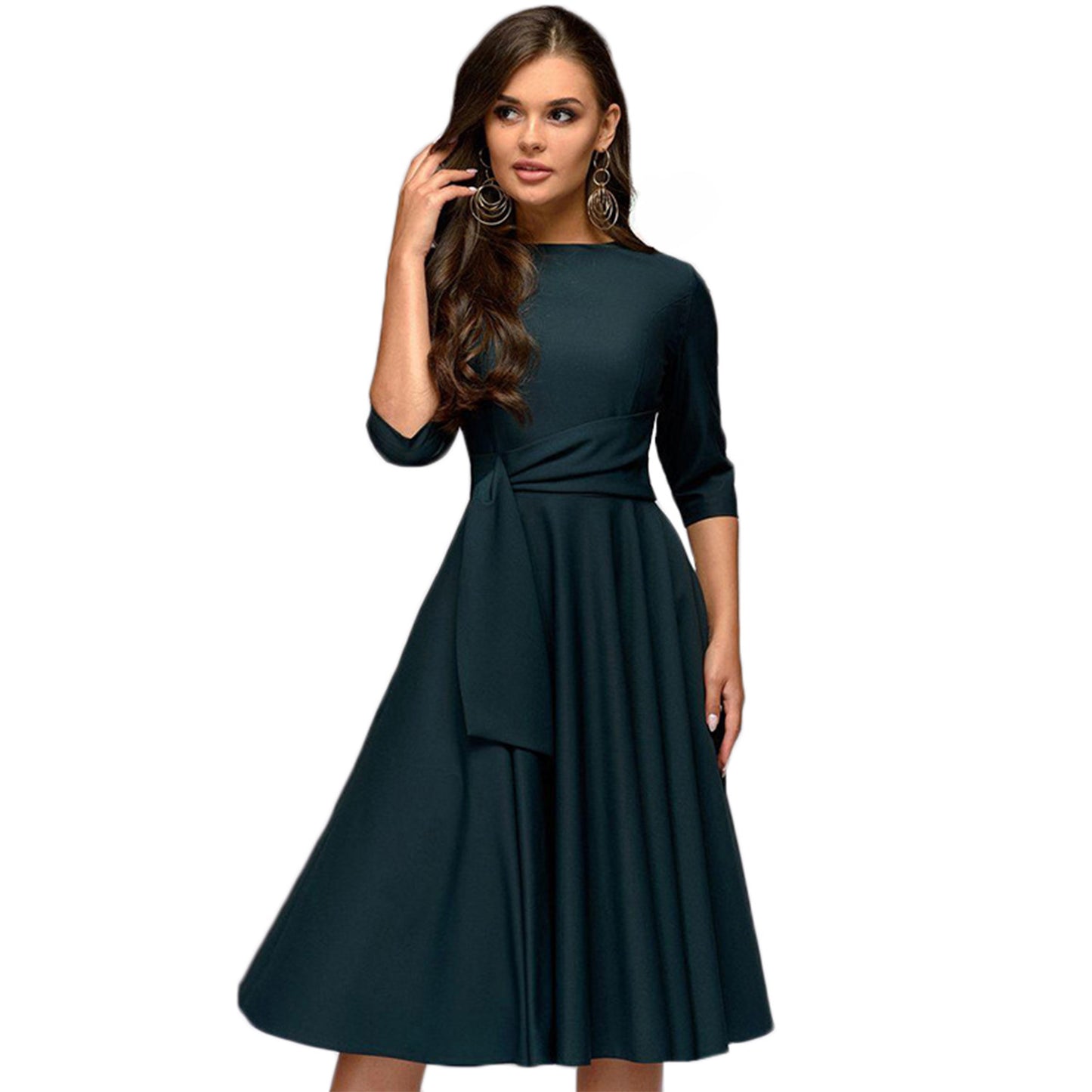 New Round Neck Mid-sleeve Tie Waist Retro Temperament Large Swing Skirt Dress