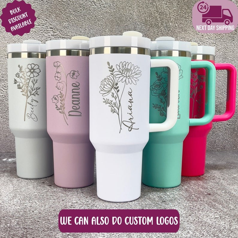 POD Popular 40oz Car Cup Handle Thermos Cup Customized Birthday Flower Name One Piece Customized