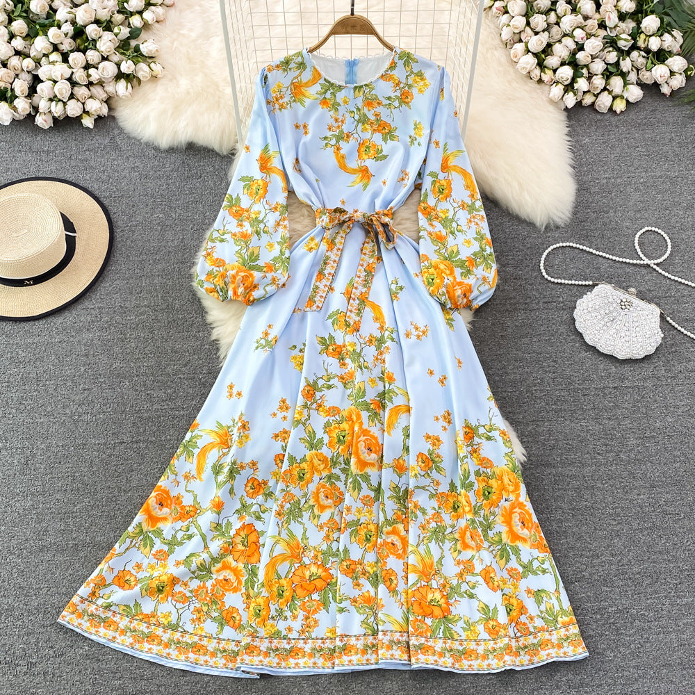 Spring And Autumn High-end Round Neck Bubble Long Sleeve Waist Positioning Printing A-line Dress Elegant Large Swing Long Skirt