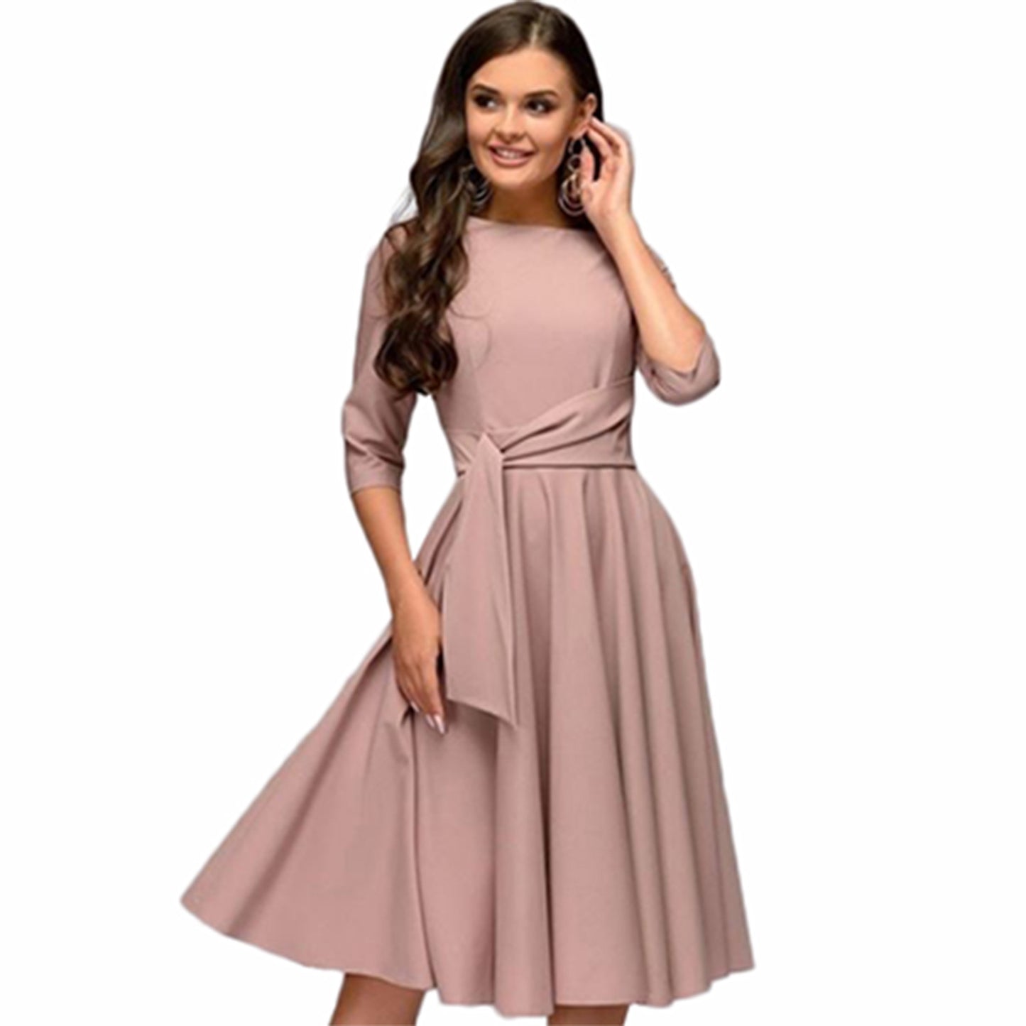 New Round Neck Mid-sleeve Tie Waist Retro Temperament Large Swing Skirt Dress