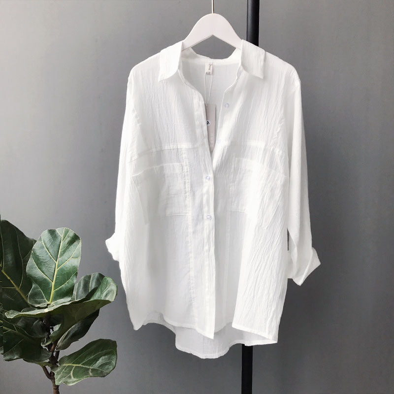 White Cotton And Linen Shirt Female Linen Cotton Summer Korean Version Loose All-match Long-sleeved Sunscreen Shirt Thin Cardigan Top