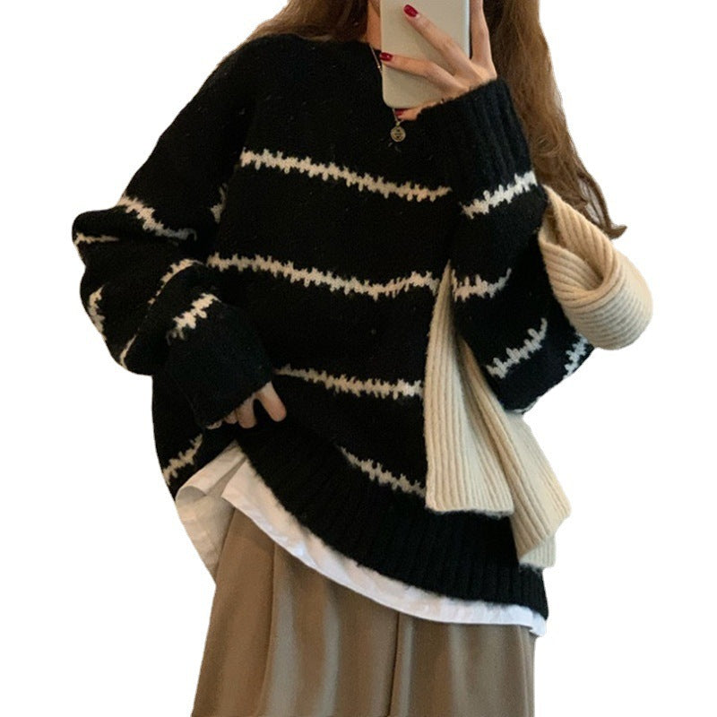 Autumn And Winter Pullover Soft Waxy Striped Sweater For Women  New Long-sleeved Round Neck Sweater Loose Inner Top For Women