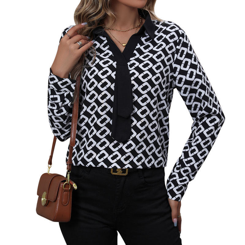 Spring New Women&#039;s Clothing European And American Long-sleeved Printed Women&#039;s Lapel Shirt