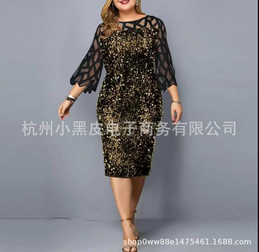 Round Neck Stitching Shiny Slim Party Dress Mesh Stitching Three-quarter Sleeve Mid-length Women&#039;s Skirt