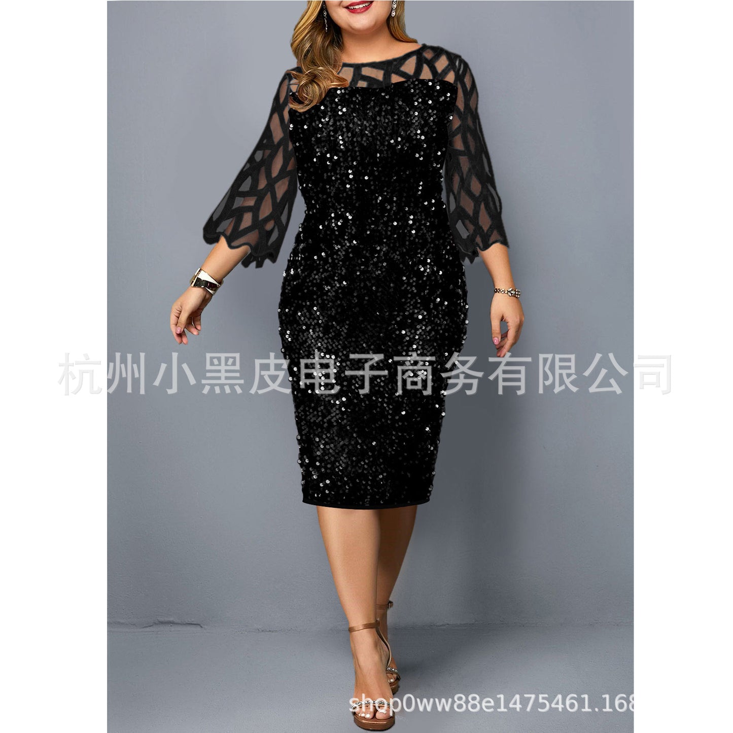 Round Neck Stitching Shiny Slim Party Dress Mesh Stitching Three-quarter Sleeve Mid-length Women&#039;s Skirt