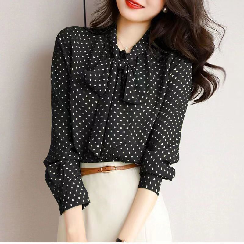 2023 Chiffon New Shirt Women&#039;s Green Polka Dot Shirt Collar Tie Long Sleeve One-row Button Cardigan Thin Top