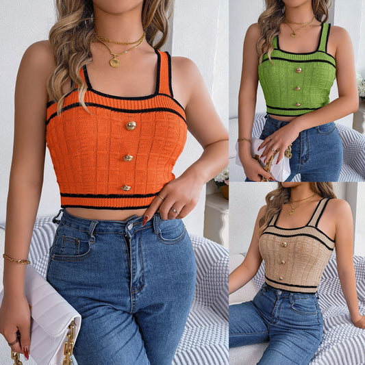 Summer Contrast Button Sleeveless Navel Sweater Holiday Top