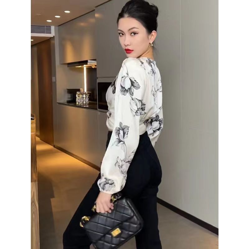 Chiffon Shirt Elegant Commuter Chic Cross Strap V-neck Long Sleeve Shirt 2024 Spring New Top For Women Ins Fashion