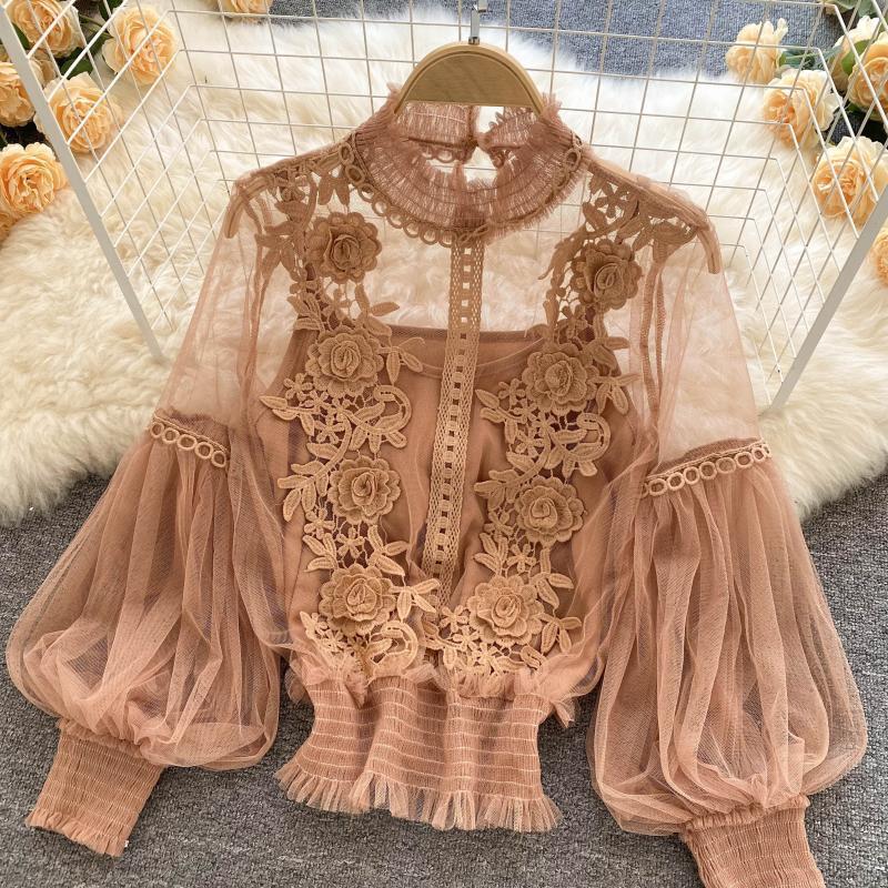 Design Sense Niche Three-dimensional Flower Collage Perspective Mesh Lantern Sleeve Slim Short Top Female Lace Bottoming Shirt