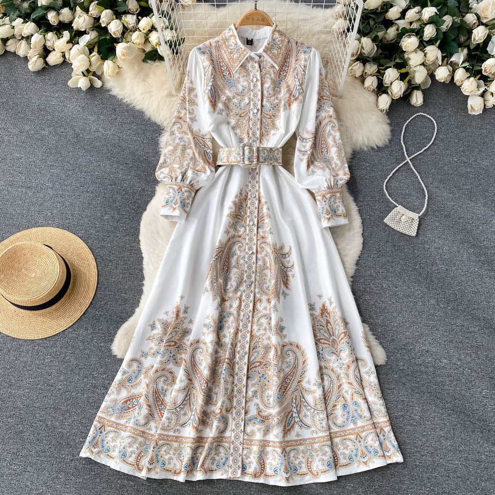 Court Style Retro Printing Temperament Polo Collar Shirt Dress Autumn And Winter New High-end French Waist Dress