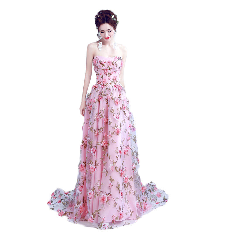 2022 New Evening Dress Bean Pink Flowers Lace Tube Top Performance Dress Bride Wedding Banquet Annual Meeting Evening Dress