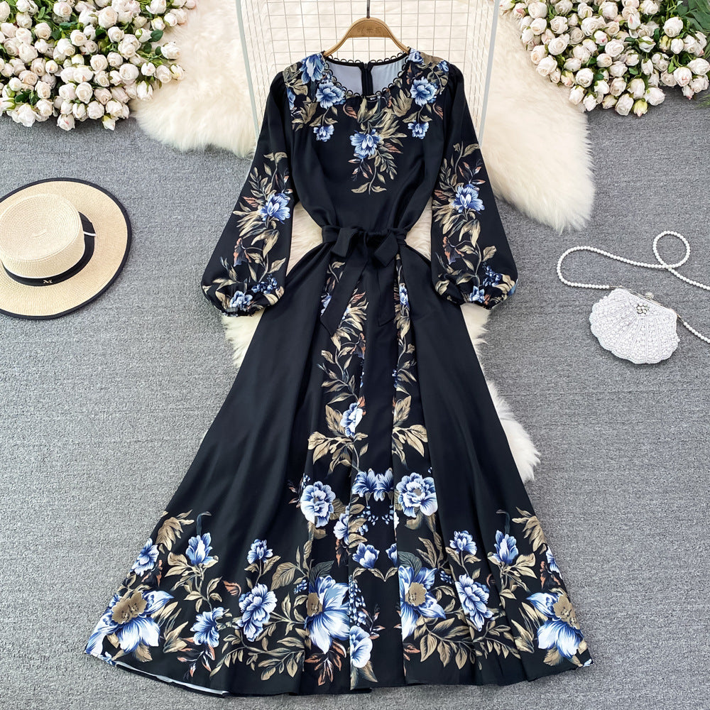 Spring And Autumn High-end Round Neck Bubble Long Sleeve Waist Positioning Printing A-line Dress Elegant Large Swing Long Skirt