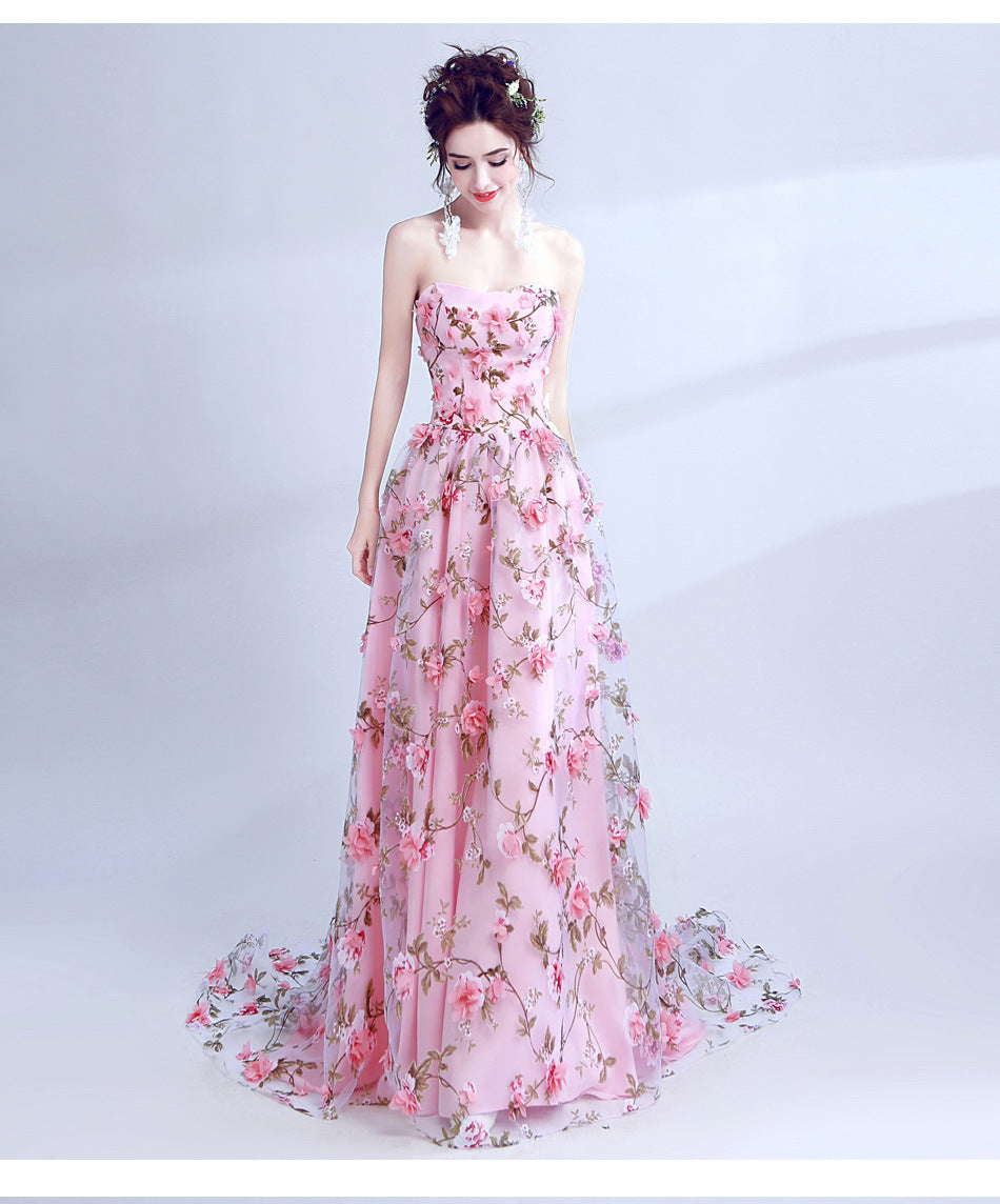 2022 New Evening Dress Bean Pink Flowers Lace Tube Top Performance Dress Bride Wedding Banquet Annual Meeting Evening Dress