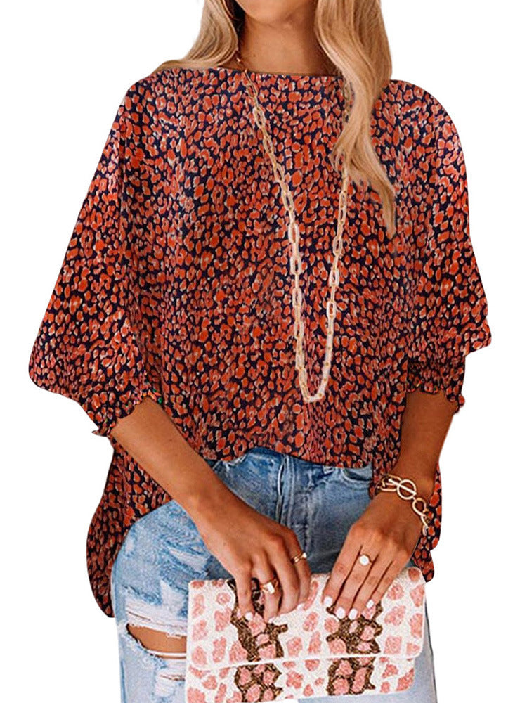 European And American Women&#039;s Spring And Summer New Leopard Print Loose Three-quarter Sleeve Chiffon Shirt Female Profile Puff Sleeve Top Female