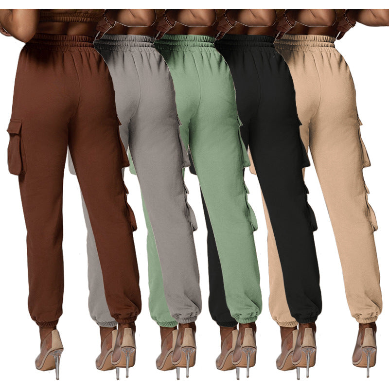 Europe And The United States Large Size Women&#039;s Leisure Solid Color Has Pockets Tie-tie Trousers Sports Pants Casual Pants