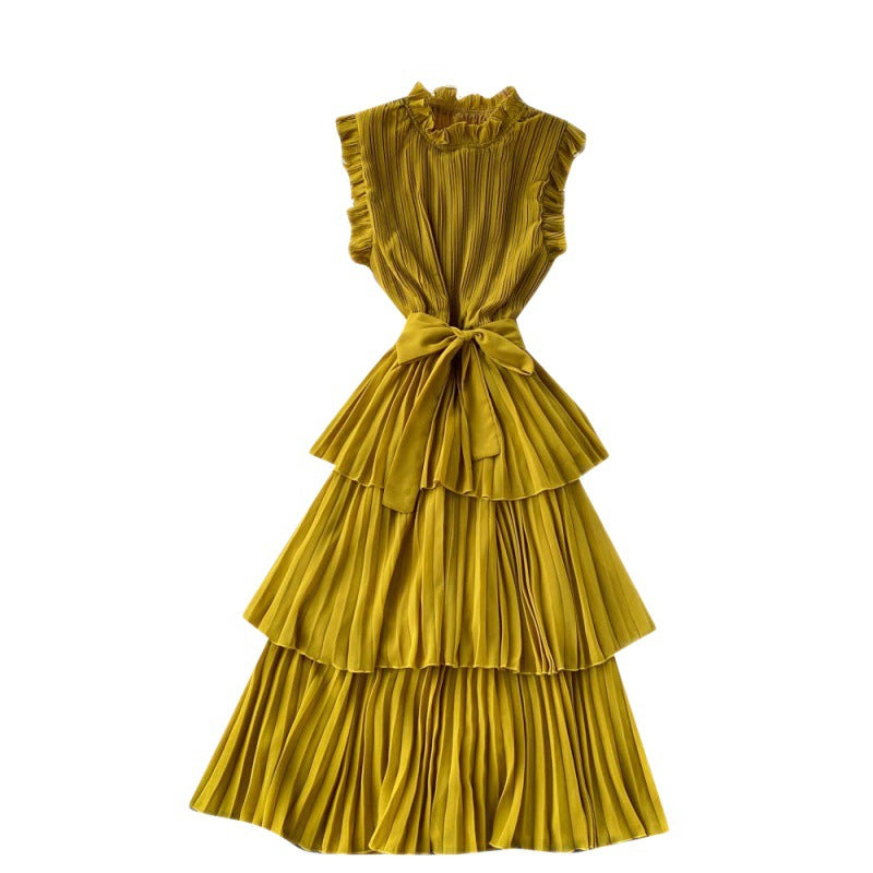 French-style Women&#039;s Heavy Industry Pressed Pleated Wood Ear Side Collar Tie Waist Slimming Ruffled Chiffon Cake Skirt