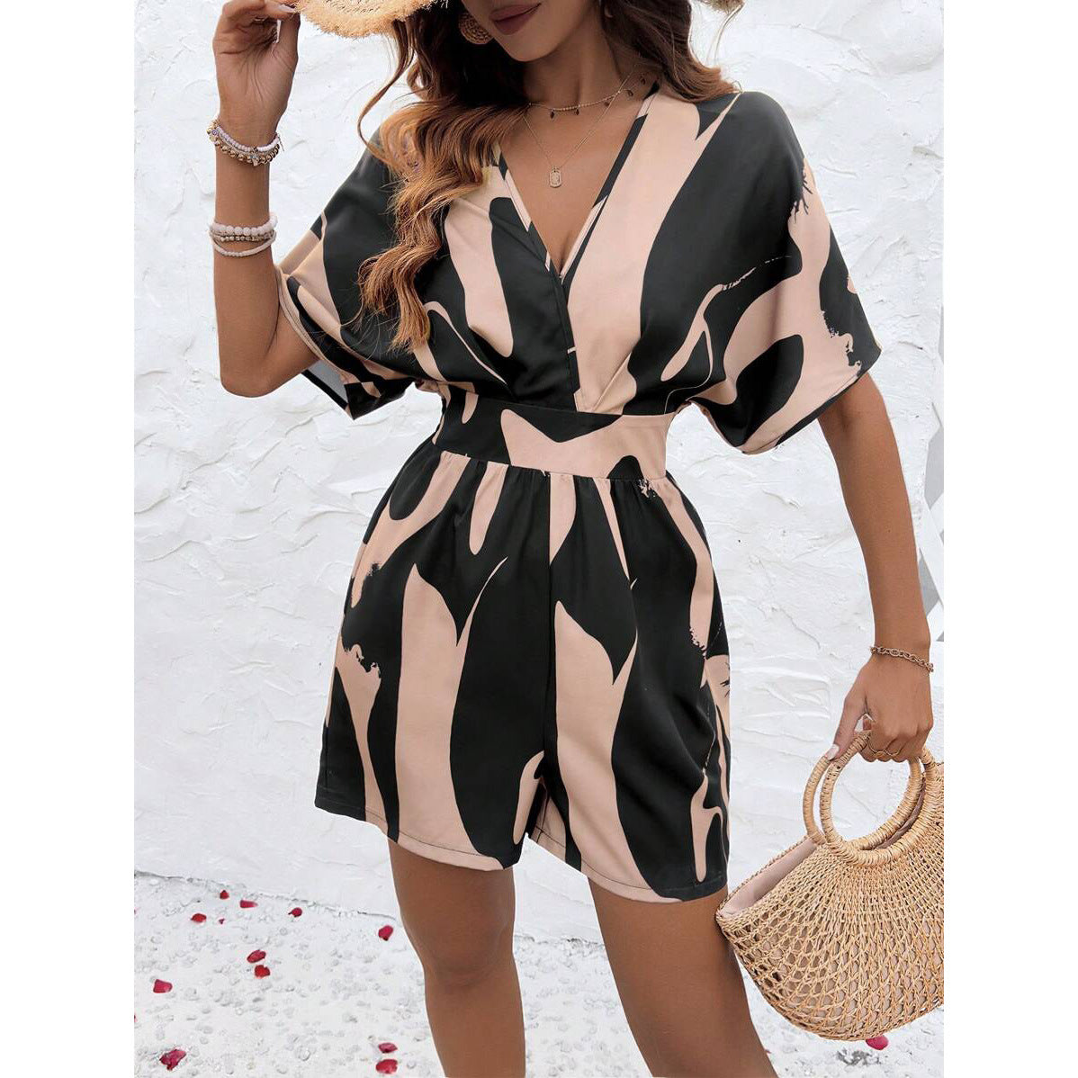 SHEIN LUNE Random Printed Cross Collar Batwing Sleeve High Waist Jumpsuit