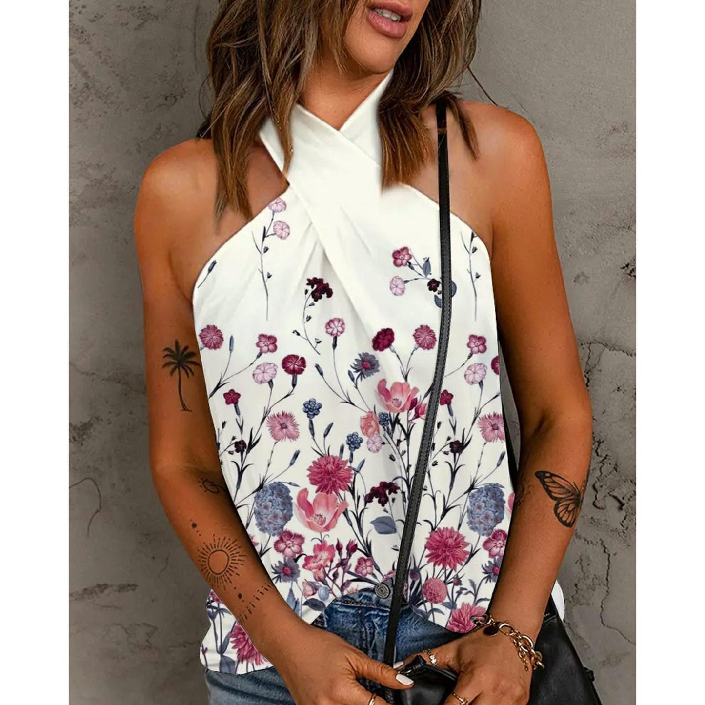 Summer Shawl Printed Pullover Casual Seamless Positioning Printing Loose Sleeveless Bottoming Halter T-shirt