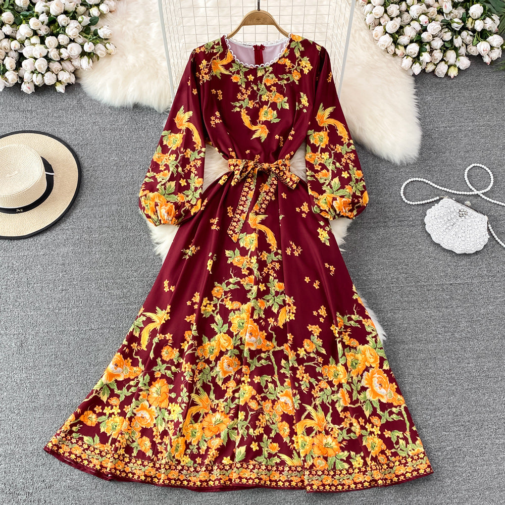 Spring And Autumn High-end Round Neck Bubble Long Sleeve Waist Positioning Printing A-line Dress Elegant Large Swing Long Skirt