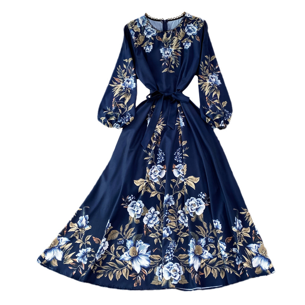 Spring And Autumn High-end Round Neck Bubble Long Sleeve Waist Positioning Printing A-line Dress Elegant Large Swing Long Skirt