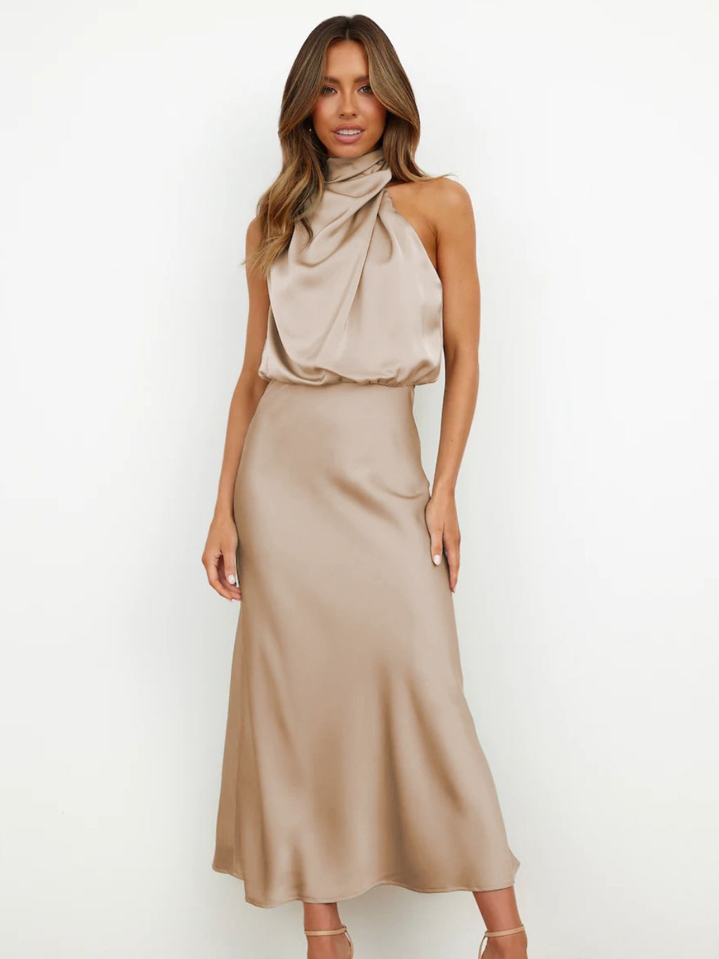 Mid-length Halter Neck Satin Evening Dress