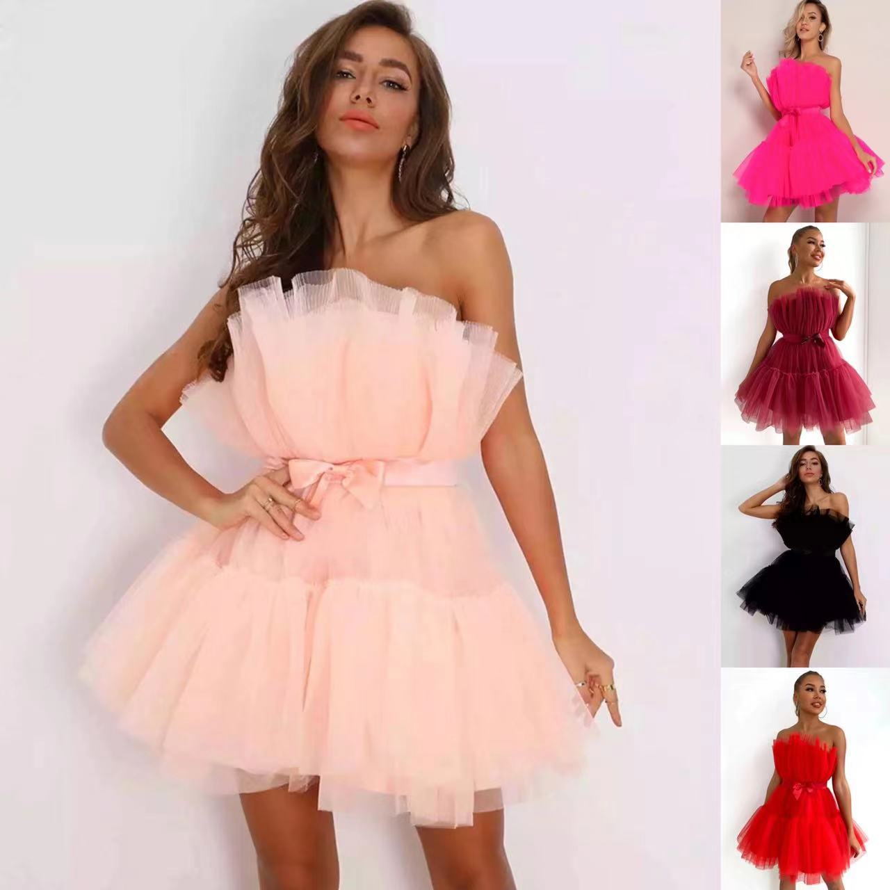 2022 European And American Cross-border Amazon AliExpress Tube Top Style Mesh Temperament Bow Tutu Skirt Dress Wish Female