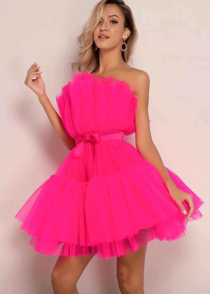 2022 European And American Cross-border Amazon AliExpress Tube Top Style Mesh Temperament Bow Tutu Skirt Dress Wish Female