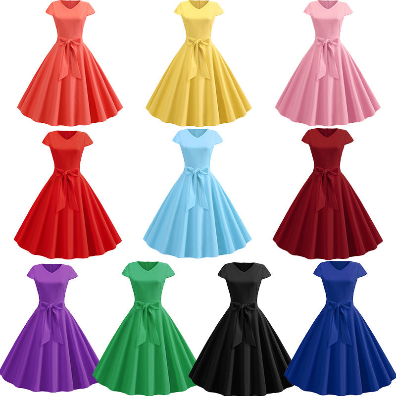 Summer V-neck Solid Color Sleeve Dress Bottoming Skirt 10 Colors 5 Sizes Summer Women&#039;s Skirt