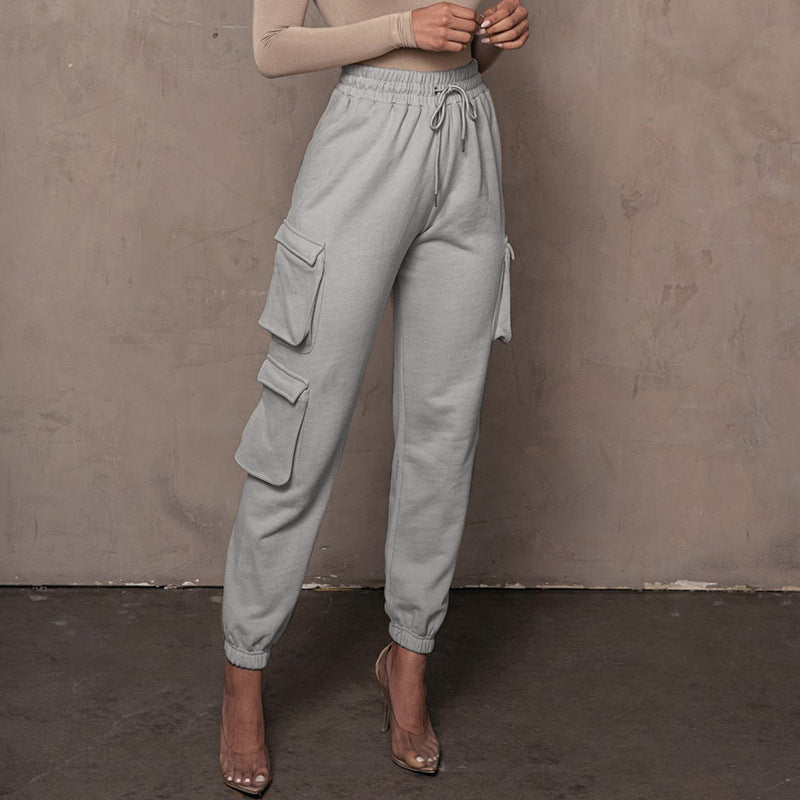 Europe And The United States Large Size Women&#039;s Leisure Solid Color Has Pockets Tie-tie Trousers Sports Pants Casual Pants