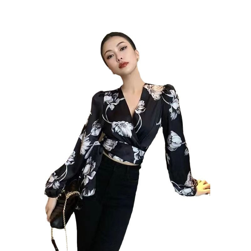 Chiffon Shirt Elegant Commuter Chic Cross Strap V-neck Long Sleeve Shirt 2024 Spring New Top For Women Ins Fashion