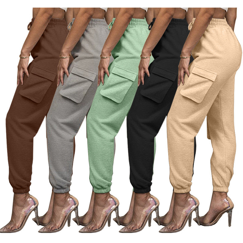 Europe And The United States Large Size Women&#039;s Leisure Solid Color Has Pockets Tie-tie Trousers Sports Pants Casual Pants