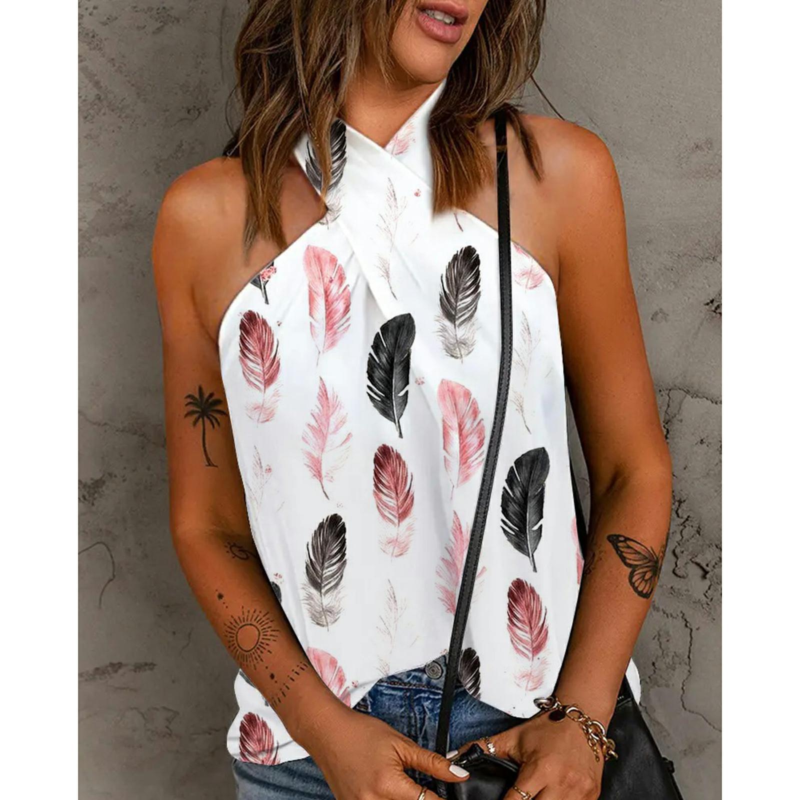 Summer Shawl Printed Pullover Casual Seamless Positioning Printing Loose Sleeveless Bottoming Halter T-shirt