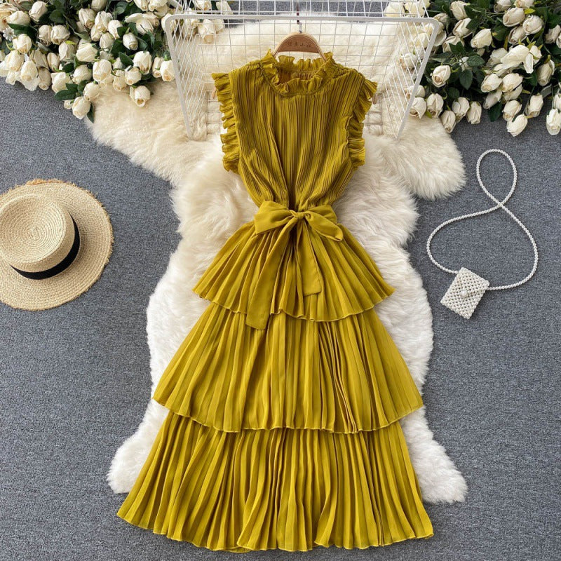 French-style Women&#039;s Heavy Industry Pressed Pleated Wood Ear Side Collar Tie Waist Slimming Ruffled Chiffon Cake Skirt